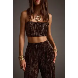 12th Tribe Women's Rhea Espresso Velvet Crop Top, Sleeveless, Smocked, Adjustable, Matching Womenswear Blouse