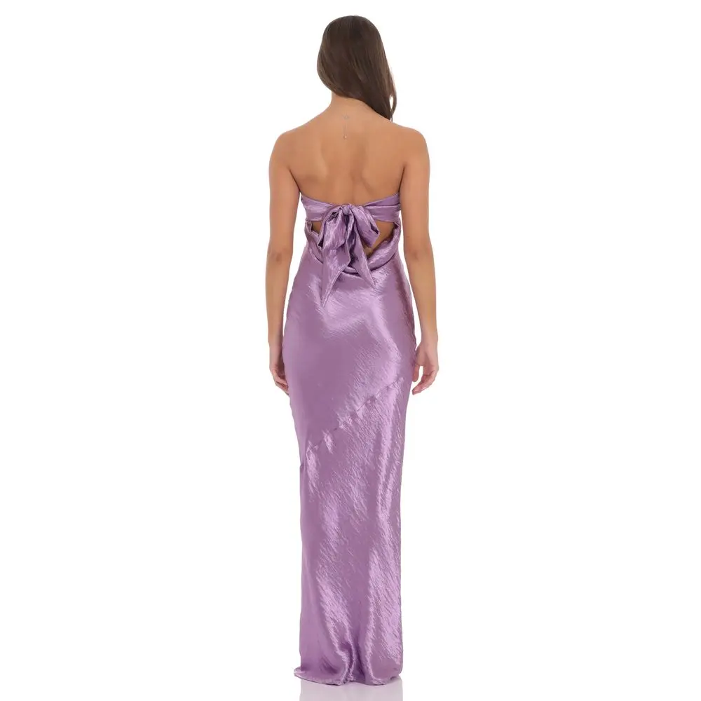 Crinkle Satin Open Back Maxi Dress in Purple