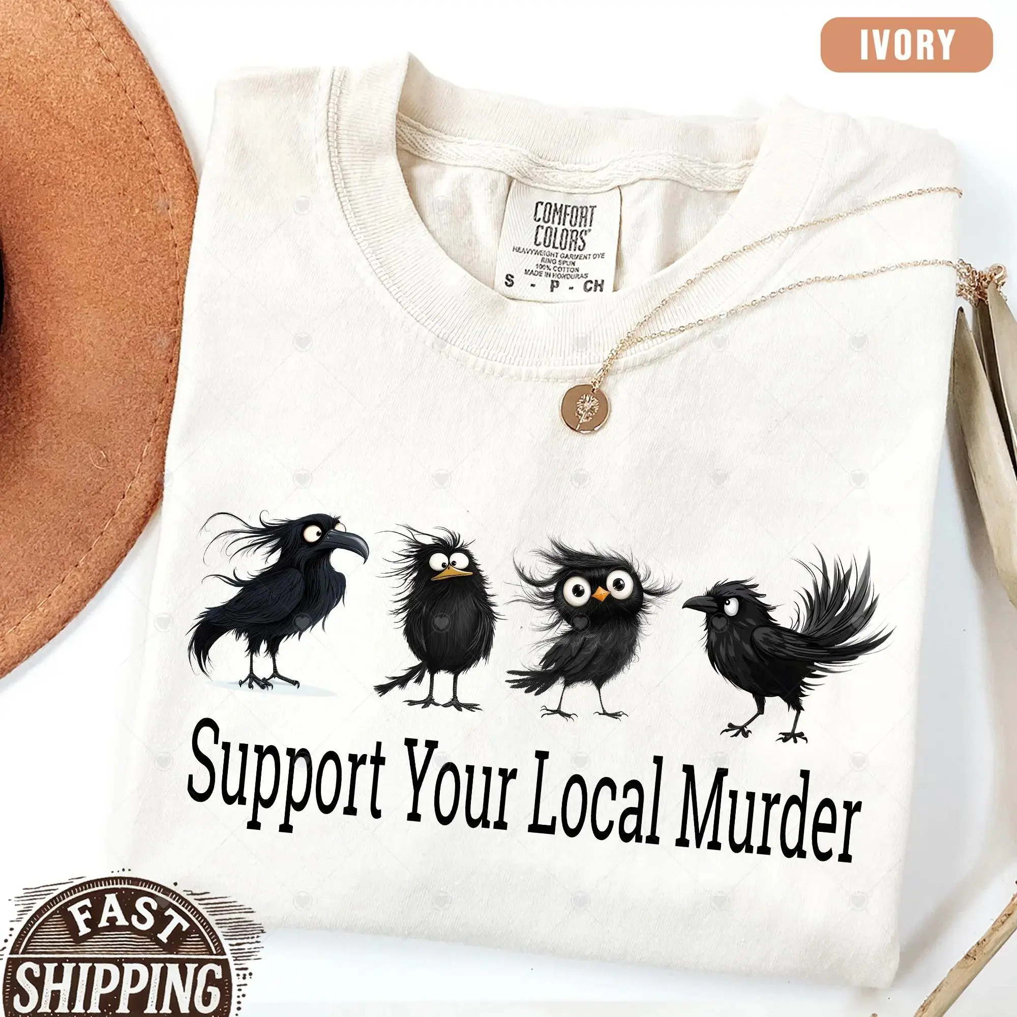Comfort Colors Support Your Local Murder T-Shirt, Raven Graphic Tee, Witchy Crow Shirt, Dark Academia Apparel, Funny Halloween Shirt, Gothic Bird Lover Gift for Women & Men