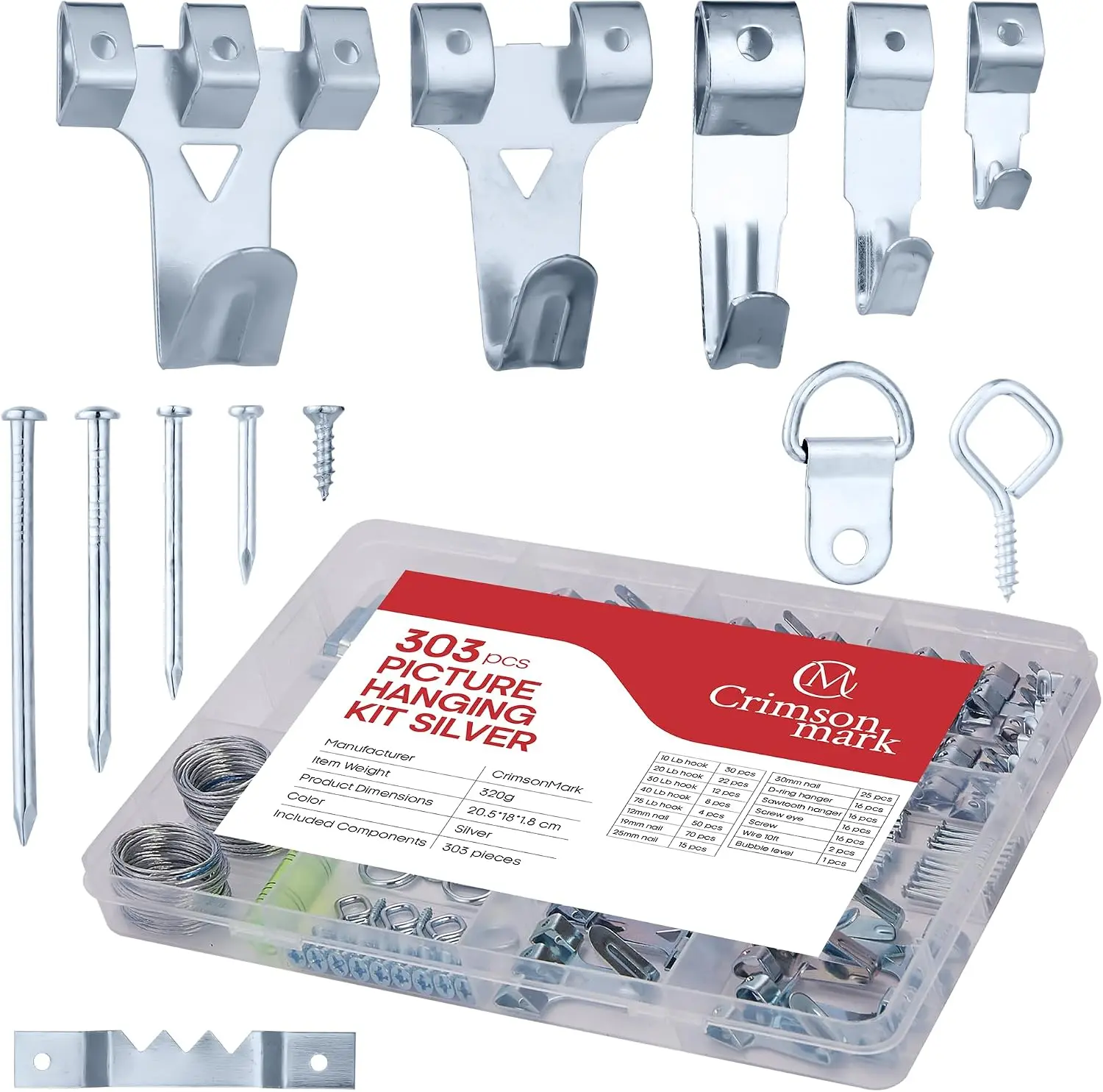 CrimsonMark 303-Piece Multi-Size Picture Hanging Assortment Set - Heavy Duty Wall Mount Hooks, Nails, Sawtooth, D-Rings, Wire, Level, Metal Hooks, Plastic Organiser for Framing Art (25kg Weight Capacity)