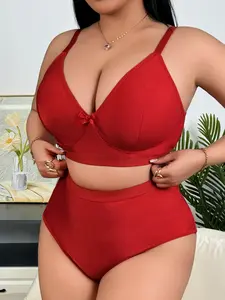 Plus Size Sexy Lingerie Set 1XL-4XL - Polka Dot Wireless Bra Set, "LOVE" Letter Ribbon Matching Set with Thong Underwear Sets