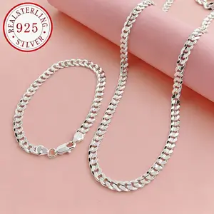 S925 Sterling Silver plated Chain Necklace&bracelet for Men, 7mm Sterling Silver plated Cuban Link Curb Chain Sterling Silver plated Link Chain necklace&Bracelet Jewelry Gift