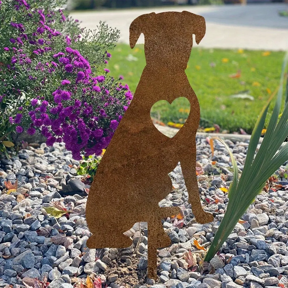 Rusty Metal Dog Silhouette Garden Stake, Heart Cutout Iron Art Decoration, Home Courtyard Lawn Decor, Garden Sculptures, Housewarming Christmas Gift