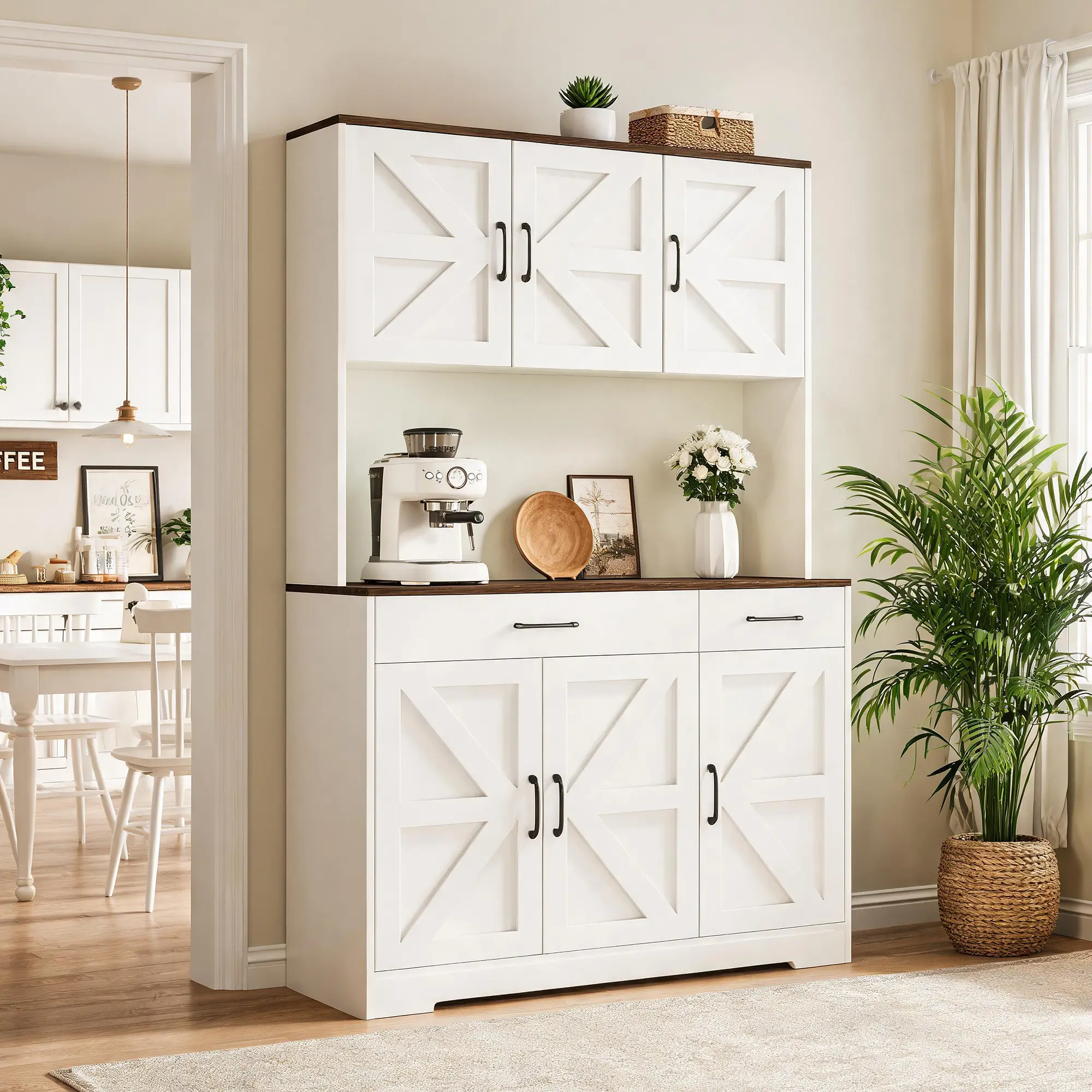 71 Inch Farmhouse Kitchen Pantry Storage Cabinet, Large Kitchen Hutch with Barn Doors, Built-In Charging Station, Adjustable Shelves, Microwave Coffee Bar Station for Dining Room & Apartment