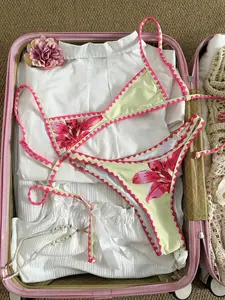 Swim Mod Women's Cream Yellow & Pink Floral Crochet Shell Trim Micro Bikini Set, Spring/Summer