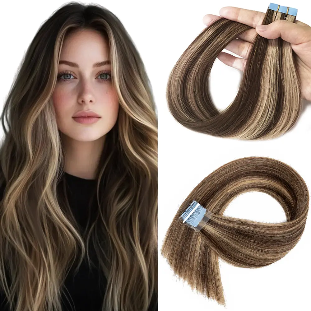 Mini Tape In Hair Extensions, P4/18A Highlighted Straight 100% Remy Human Hair, 10 Invisible Pieces for a Natural Look, Human Hair Pieces, Invisible Extension Hairpiece