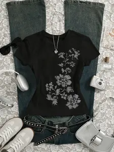 Women's Floral Print Round Neck Crop Top, Fashion Casual Short Sleeve Crop Tee, Daily Wear Summer Versatile Shirt