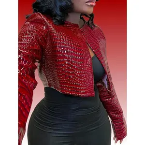 Women's Red Crocodile-Embossed PVC Casual Jacket - Long Sleeve Short Length, Crew Neck, Non-Stretch Regular Fit with Split Hem, Spring & Fall Outerwear for Casual Outings, Sophisticated Craft, Outdoor Fashion, Textured Finish, Stylish Coat, Trendy Outfit