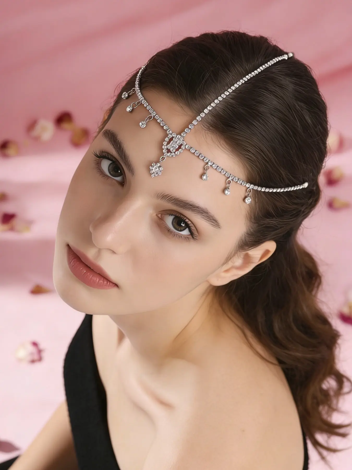 Silver Color Rhinestone Fringe Forehead Hair Accessory, Full Drill Chain Center Main Diamond Focused, Lightweight Stable Evening Wedding Bridal Headpiece Tiaras, Wedding Hair Accessories