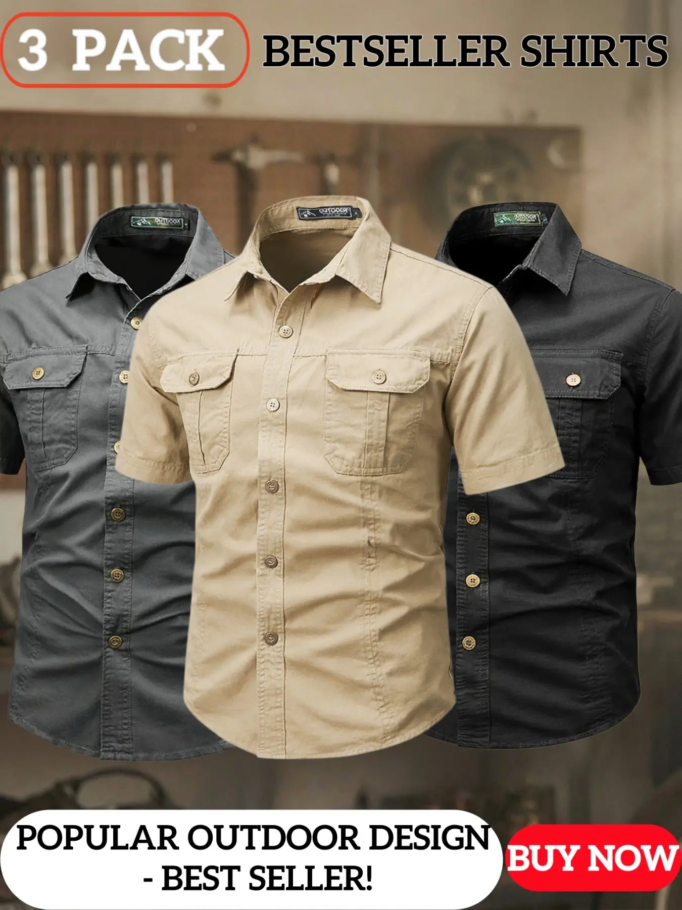 Men's Rugged Short Sleeve Collared Cargo Shirts Buttons Down Shirt Casual Pocket Design, Bestseller 3-Pack Utility Shirts, Perfect for Outdoor & Auto Repair Work, 6 Colors Available