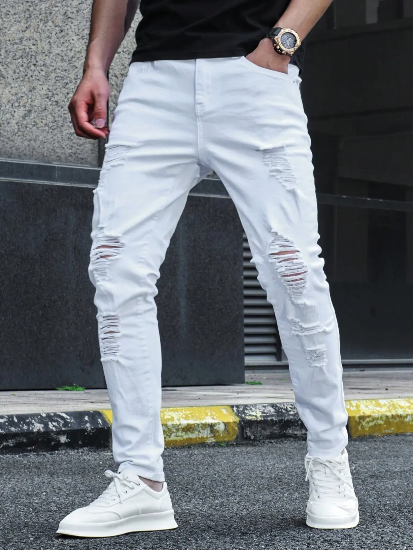 Men's Fashion Classic White Ripped Skinny Jeans, Distressed Frayed Hem Stretch Denim Pants with Stylish Shred Details Perfect for Streetwear, Casual Fashion and Urban Outfits, Denim Skinnies Casual, Menswear