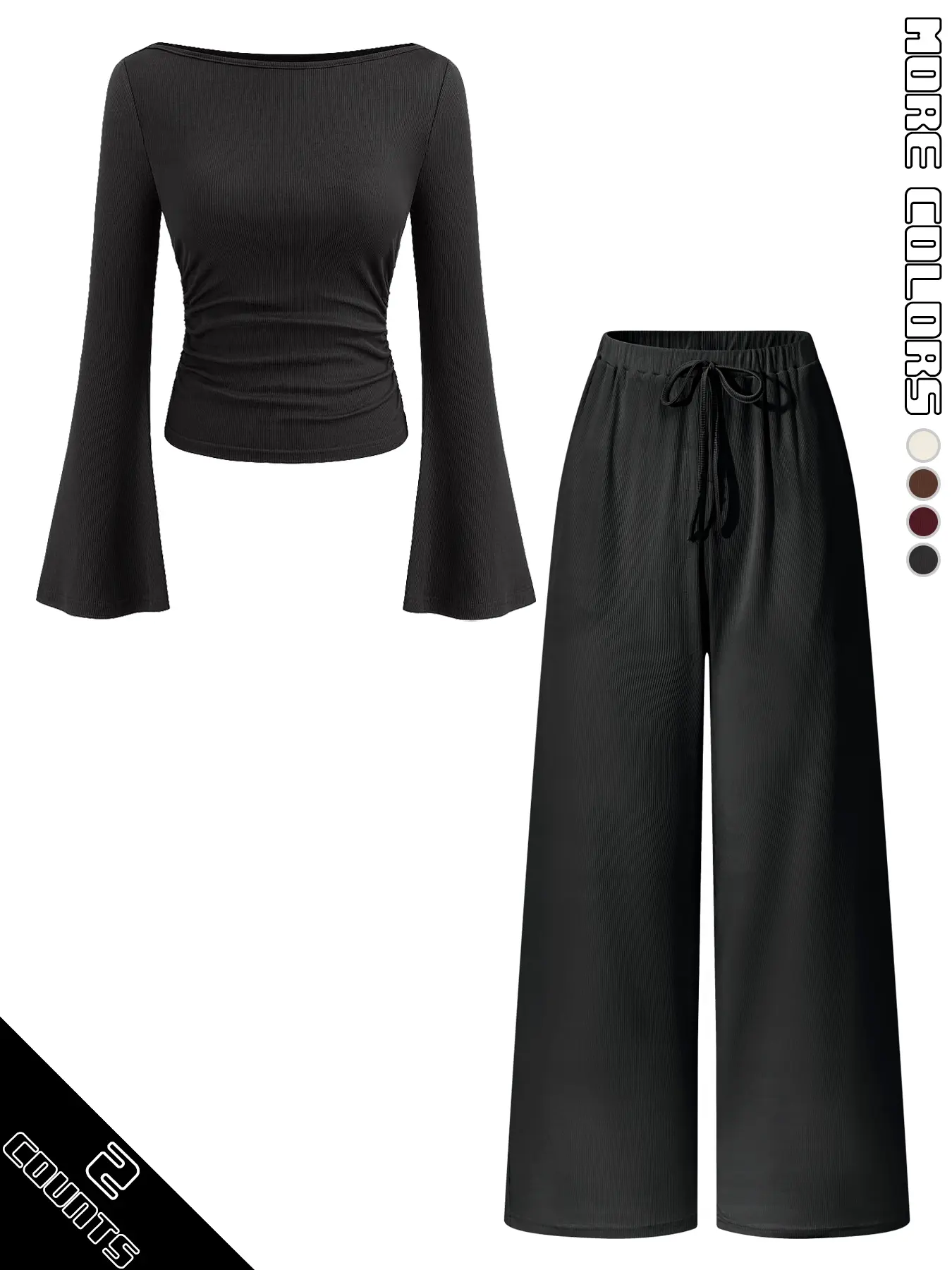 Women's Ribbed Knit Long Sleeves Bell Sleeve Top and High Waist Wide Leg Pants Set Adjustable Drawstring Waist Fall Winter Two-Piece Casual Chic Outfit