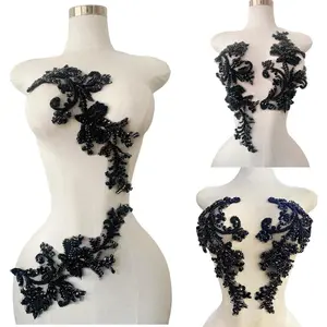 Handmade Shining Rhinestones lace Applique Patches Sewing Beads Sequins Stone Trim Accessories for Wedding Dress one Pair/Bag (Black)