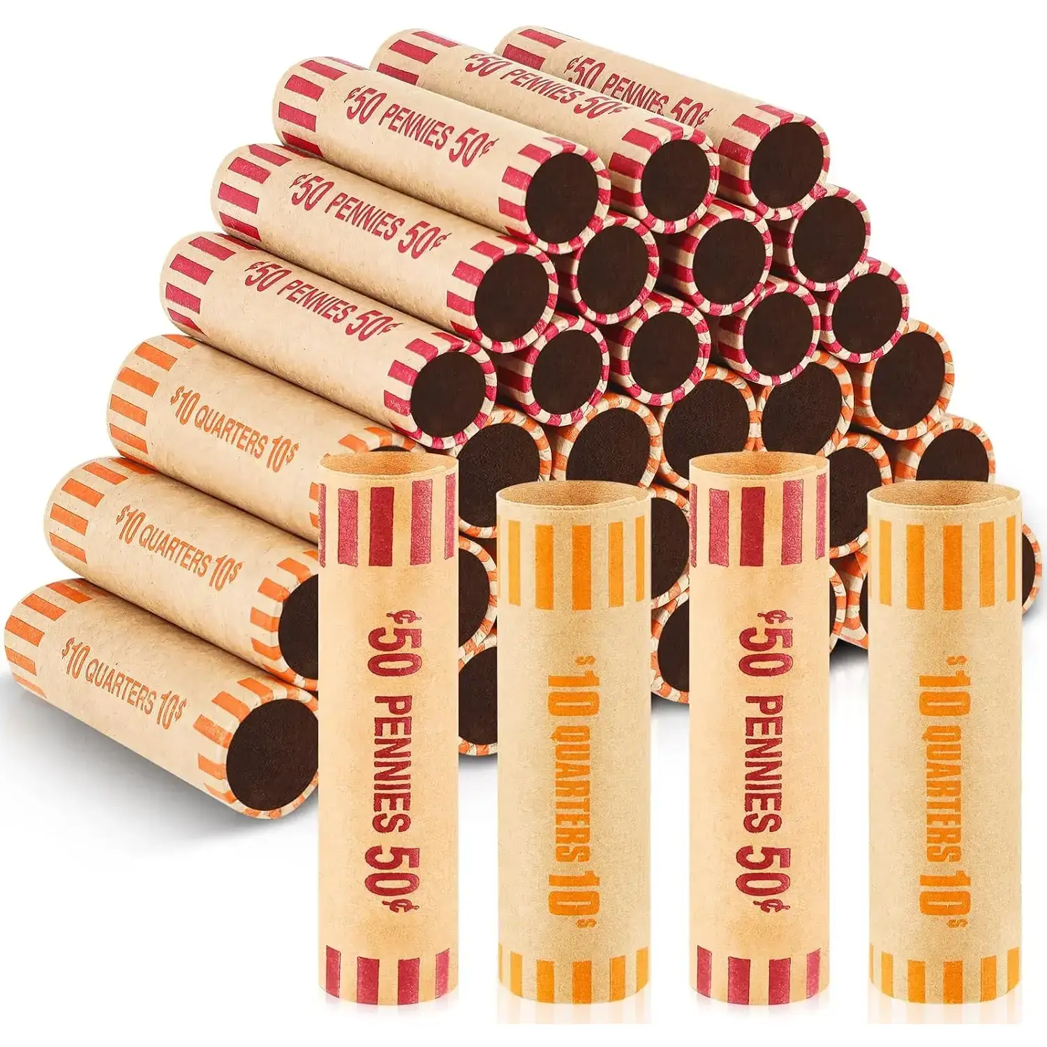 192-Pcs Coin Wrapping Kraft Paper Roller Tubes - Assorted Preformed, Color-Coded, 2 Styles, Includes 96-Pcs Pennies, Quarters, Dimes, Easy to Store for Bank Office Stationery & Paper-Based Gifts, 192 Pieces, Two Styles