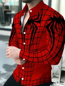 Men's Breathable Red Spider-Man Web Print Long Sleeve Turn-Down Collar Button Up Shirt