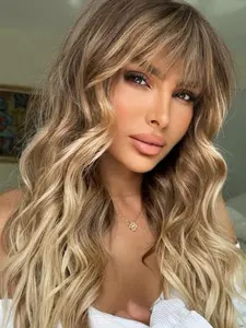 Long Wavy Wig with Bangs for Women, Synthetic Hair Gorgeous Fluffy Wavy Wigs, Wear and Go Glueless Wigs for Daily and Party Use（28inch)