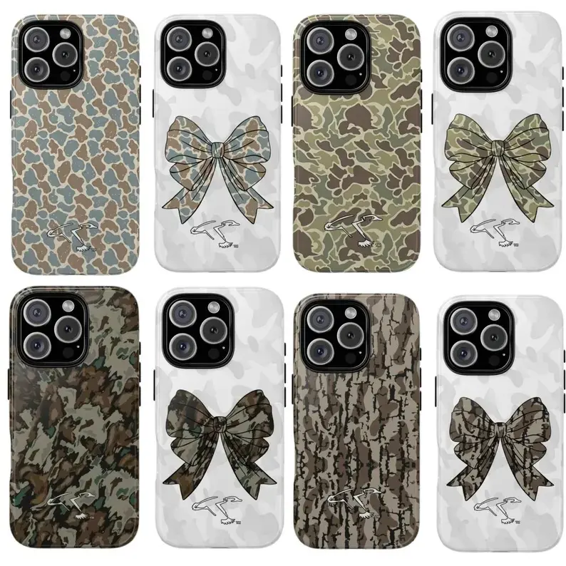 Camo and Bow Matching Couple Phone Case Tough Armor Cover Compatible with iPhone 7 - 17 Promax Plus - Southern Preppy Coquette Camo His Her Phone Case Set