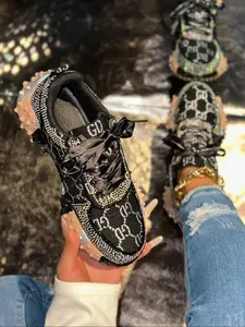 New Full Diamond Denim Dad Shoes for Women, Rhinestone Sporty Sneakers, Thick Sole Height Increasing Casual Shoes, Trendy Fashion