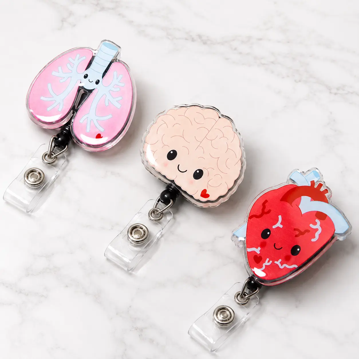 Badge Reel for Healthcare Workers, Cute Anatomy Heart Brain and Lungs Acrylic Retractable ID Badge Holder, Medical Organ Badge Clip for Nurses Doctors and Students