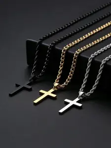 Titanium Steel Double-Layer Cross Pendant Necklace (Dragon Bone Chain, Twist Chain) Multilayer Cross Necklace