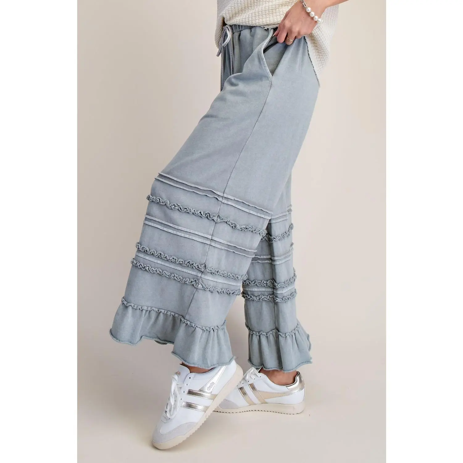 Easel Ruffle Breeze Terry Pants - Gray
