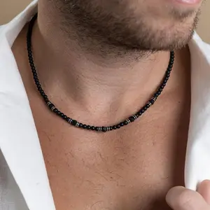 1pc Fashion Black Frosted Beaded Necklace, Men's Hip Hop Simple Clavicle Chain Accessories
