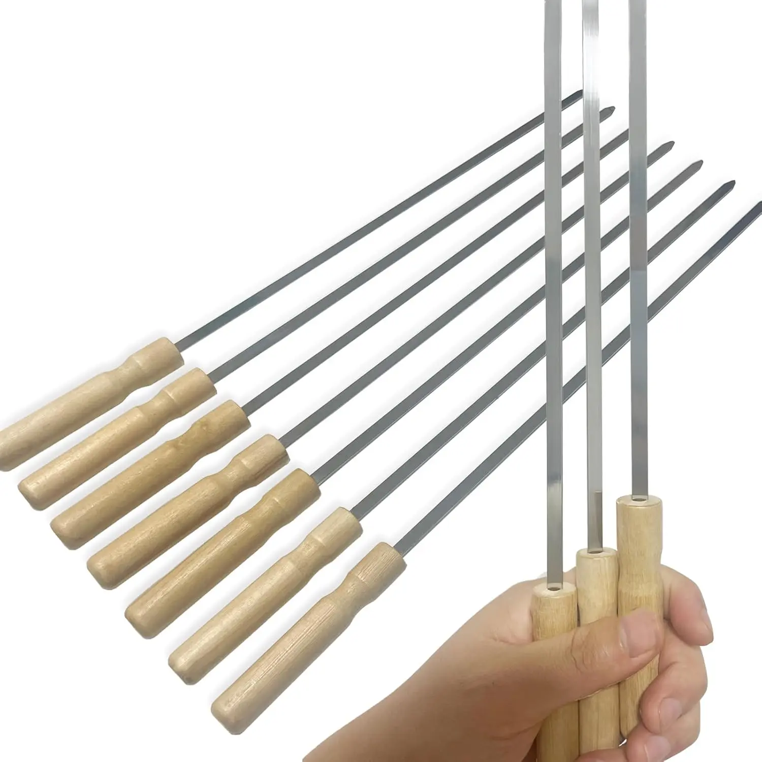 QUSEVOO 10-Piece 16in Premium Rust-Resistant Stainless Steel Flat Kabob Skewers - Steel & Wood Barbecue Accessories with Sturdy Heatproof Wooden Handles, Pointed Tips, Easy-Clean Reusable Utensils for Backyard BBQ, Campfire/BBQ Party, Family Gatherings