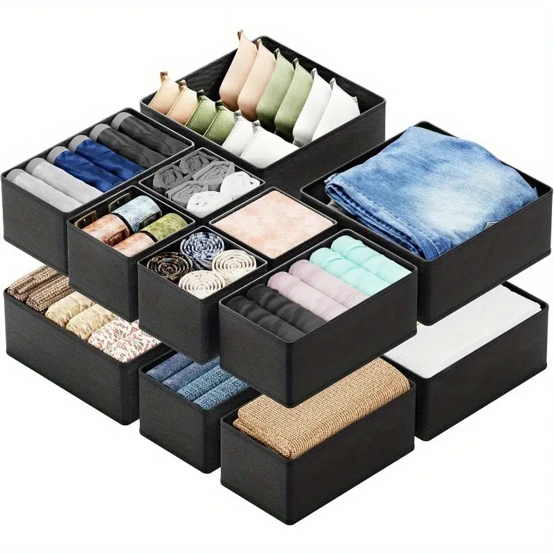 3-Pack Compartmented Rectangle Collapsible Fabric Canister Style Storage Boxes, Home Supplies Organizer Storage Boxes for Bedroom Clothes, Underwear, Socks – Declutter Your Closet Solution, Closet Declutter