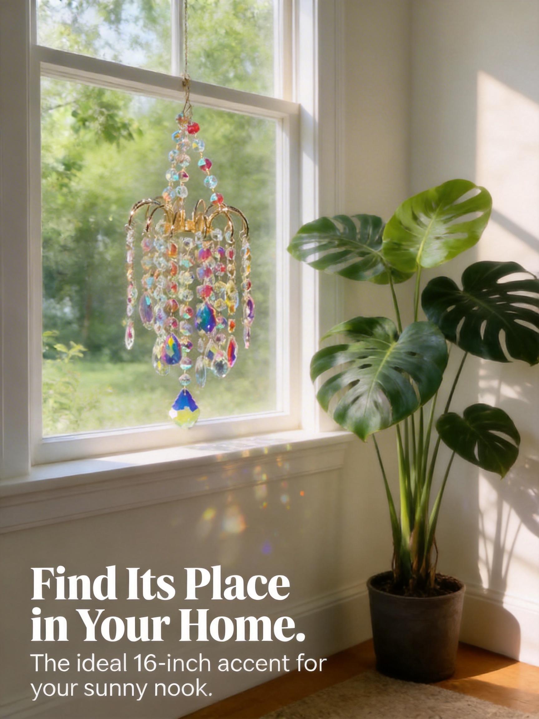 16 Inch/42cm Gold Crystal Sun Catcher | Rainbow Maker Window Decor.Creates dancing rainbows on walls. Gold metal frame with artificial crystals. great gardening , french doors , rain box chime unique large memorial wind chime