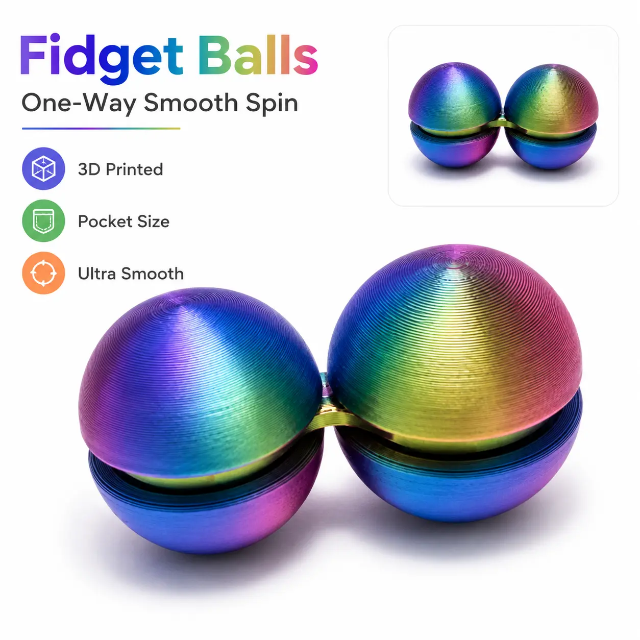 Gradient Rainbow 3D Printed 1-Way Rotating Fidget Balls with Built-In Bearings - Pocket Hand Roller Desk Toy for Adults, Smooth-Spinning Home Decor Figurine, Spins Smoothly