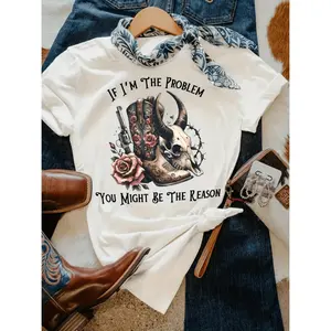 Women's Western Style "If I'm The Problem" Graphic T-Shirt Bull Skull & Cowboy Boots Design Retro Country Music Quote White Casual Tee