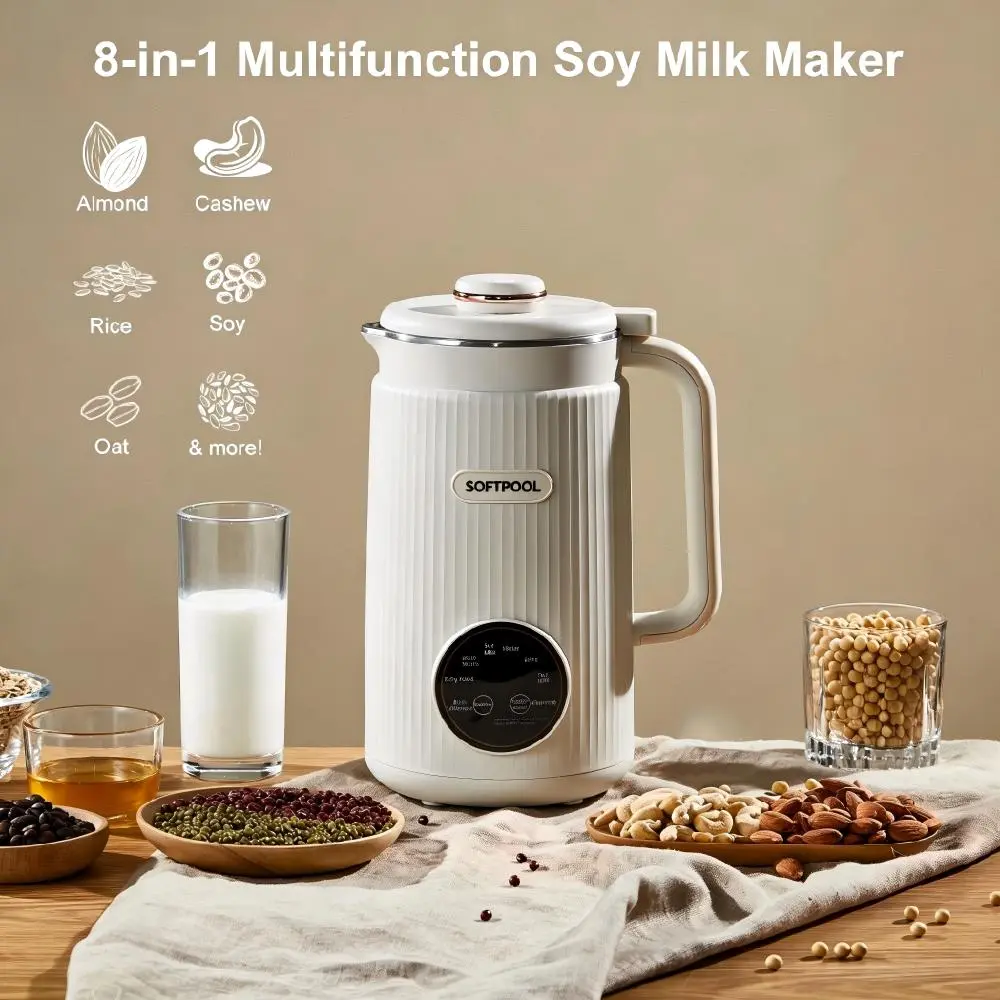 SOFTPOOL Soy Milk Maker 1.2L 800W 304 Stainless Steel BPA-Free Automatic Self-Clean Quiet Soymilk Blender for Home Breakfast Automatic Nut Milk Maker