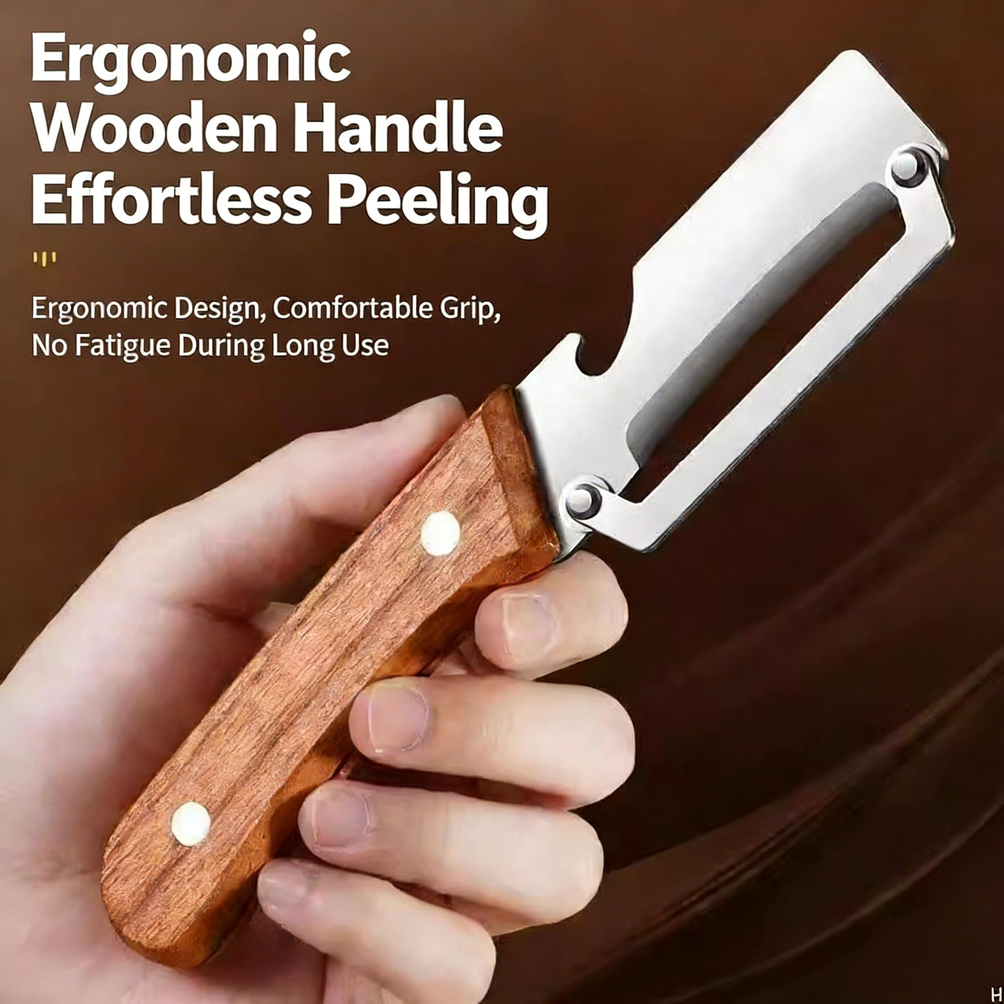 Multi-Functional Kitchen Vegetable Peeler, Ultra-Sharp Premium Stainless Steel Blade, Comfort Grip Ergonomic Wooden Handle, All-in-One Tool with Built-In Bottle Opener for Fruits Vegetables Peeling Daily Cooking