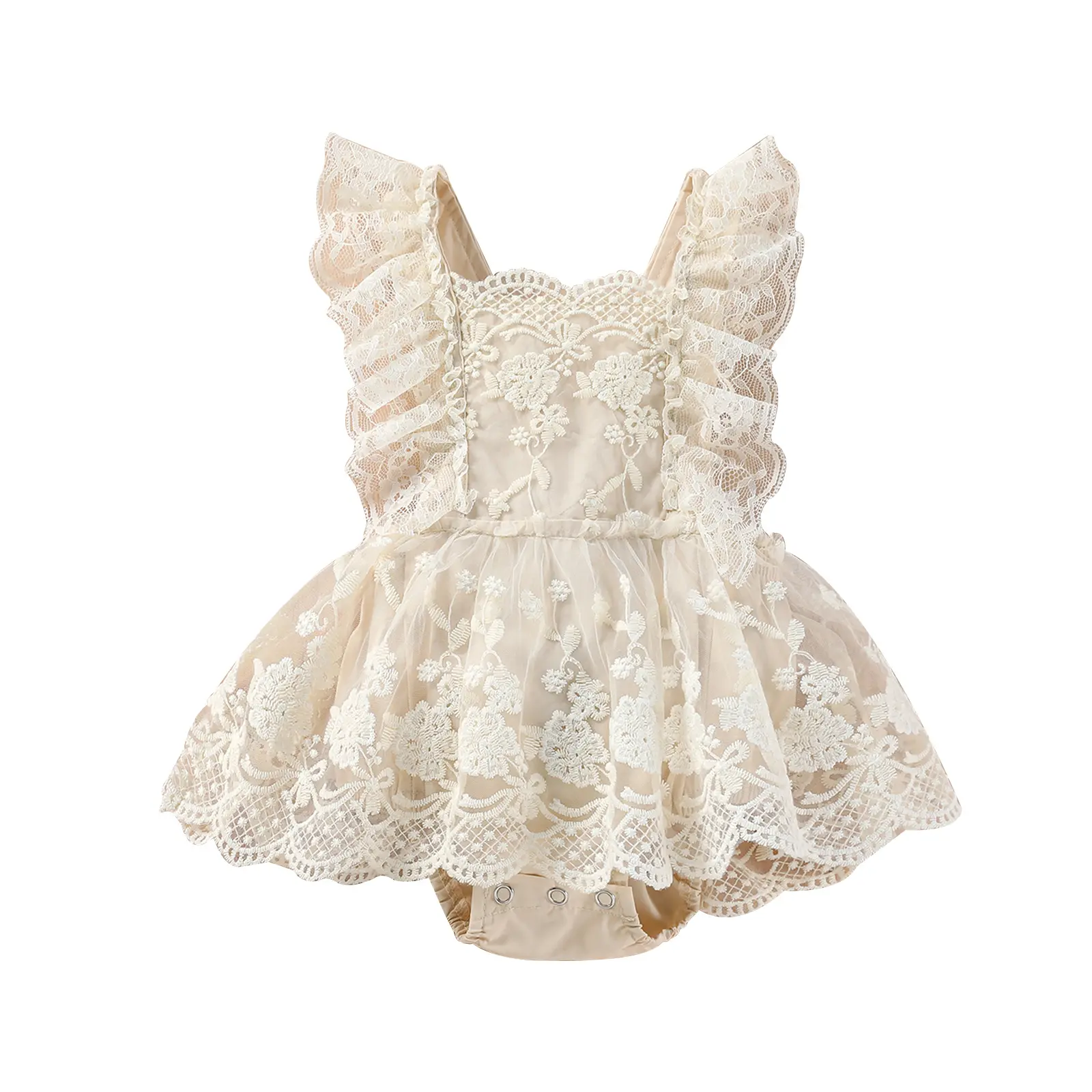 Newborn Baby Girl Solid Color Bodysuit - Plain Floral Lace Tulle Embroidery Romper, Square Neckline Jumpsuit, Infant Summer Baby Clothing, 0-24 Months