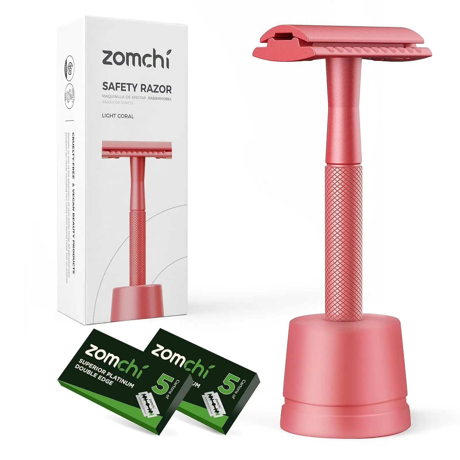 ZOMCHI Double Edge Safety Razor with Stand, Safety Shaving Razor with 10 Double Edge Safety Razor Blades, Single Blade Razor for Shaving –Light Coral
