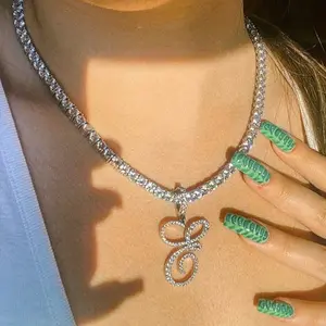 Iced Out Initial Cursive Alphabet Pendant CZ Necklace Gold Silver Color Stainless Steel Rope Chain Necklaces Name Jewelry Gift
