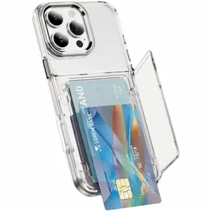 JIACC Flip Transparent Card Holder Phone Case For iPhone 17 16 15 14 13 12 Pro Max Plus Air 16E, Shockproof Cover Transparent, Full Cover Hard, Shockproof Protection Anti-Fall Shell, Anti-Fall Card Holder With Bracket, Dual Card Slot Design
