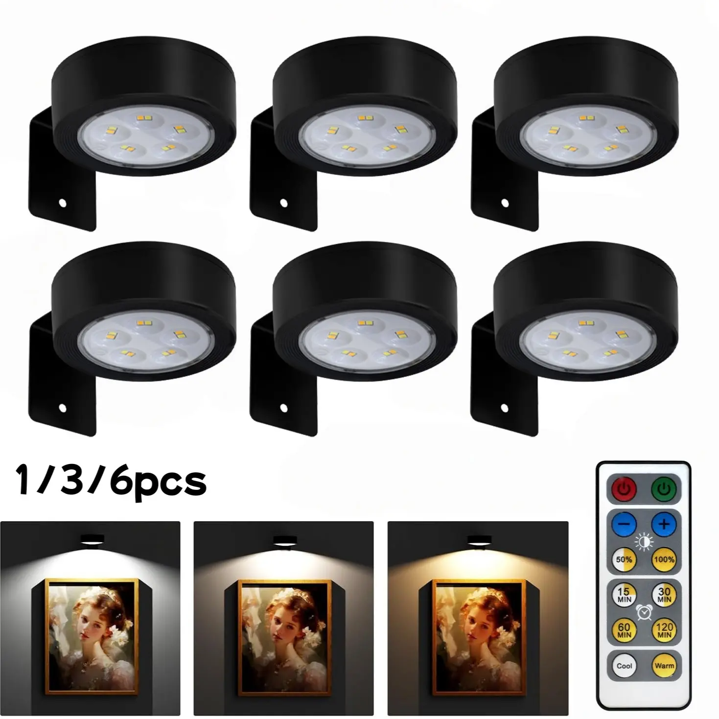 Wireless Picture Light with Remote Control, 3 Color Lighting and Dimmable, Decorative Lighting, Battery Powered, Indoor Decorative Light, Ideal for Commercial Art Exhibitions, Picture Frame Light