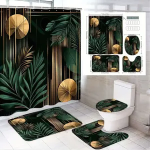 1/4pcs Luxury Tropical Art Deco Bathroom Decor Set - Green & Gold Shower Curtain with Lush Foliage, Matching Bath Mats & Toilet Lid Cover for Elegant Holiday Vibes in Modern Bathrooms - Glamorous Botanical Design for Upscale Styling Bathroom Accessory