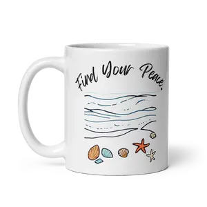 Find Your Peace - White Glossy Mug with Ocean Waves and Seashells Graphic | Brew Mugz