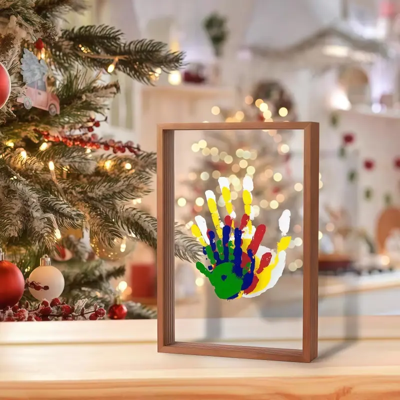 Wooden Transparent Handprint Photo Frame Set - DIY Family Memorial Gift Kit with Acrylic Board, Colorful Paints, Holds Up to 4 Handprints for Home Decor, Room Decor, Translucent