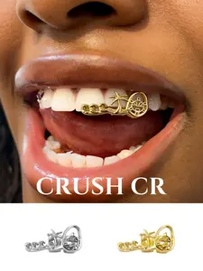 CRUSH CR Y2K Tropical Beach Tooth Cap Grillz for Women Teens 18K Gold Plated Vacation-Ready Design with Wave Palm Tree Accents, Hypoallergenic Removable Perfect for Daily, Festival Fits Beach Days TikTok OOTDs 2000s Vibes Dental Jewelry