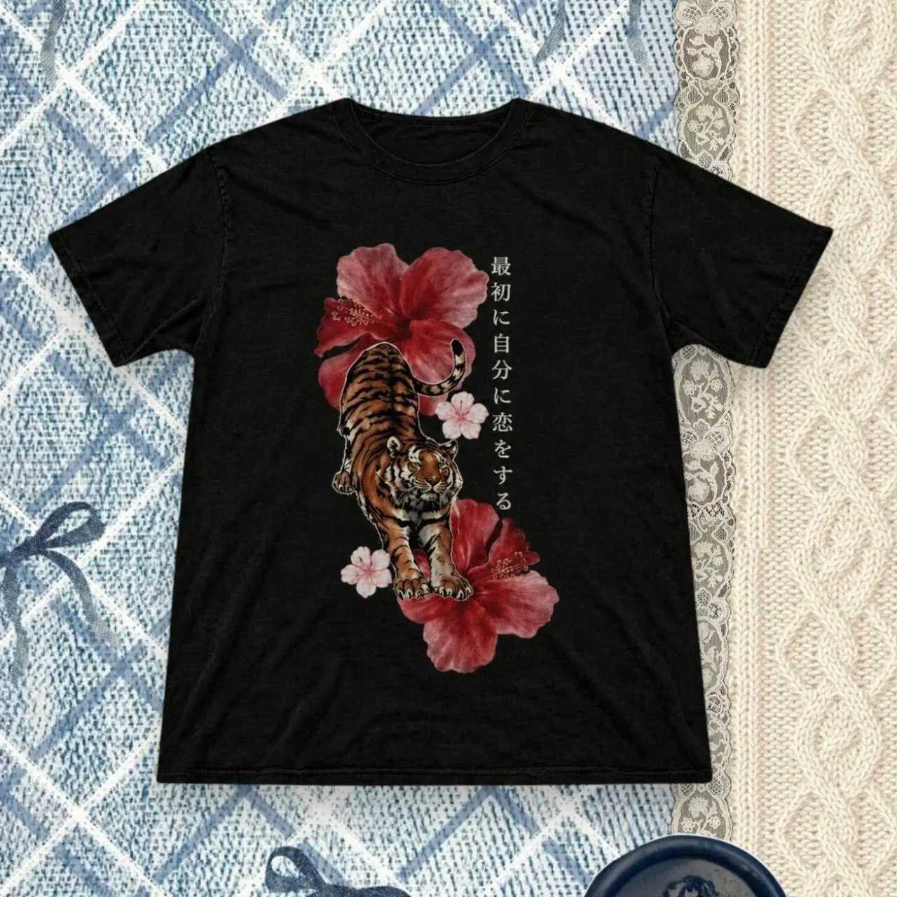 Gildan Women's Black T-shirt, Tiger Hibiscus Japanese Graphic Tee, Japanese Tiger Shirt, Hibiscus Flower Graphic Tee, Japanese Aesthetic Shirt, Floral Tiger T Shirt, Anime Inspired Tee, Vintage Japanese Art Shirt, Unisex Graphic Tee Womenswear