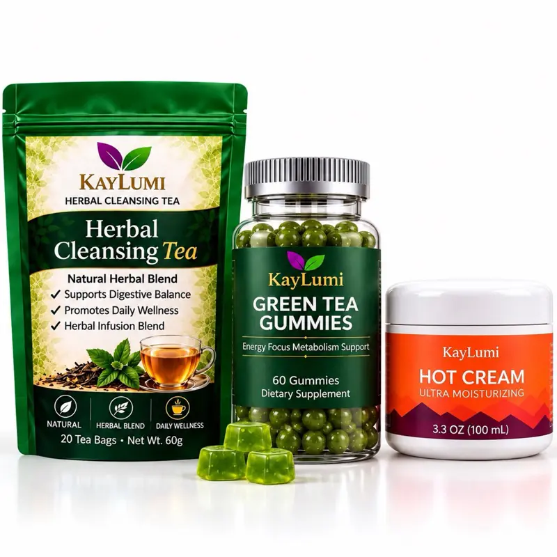 KayLumi 3-Piece Digestive Supplement Set - Halal Natural Herbal Blend Nutritional Tea Bags, Sugar Free Green Tea Chewable Gummies, Plant-Based Formula Hot Cream for Digestive Health, Easy Routine Addition