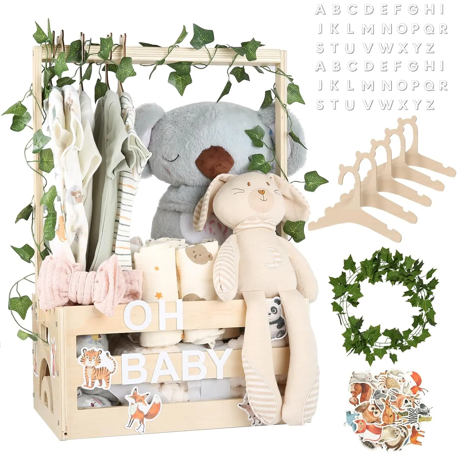 Wooden Baby Shower Storage Crate with Handle - Small (13.5*9*6.7in), Smooth Finish, Vine-Decorated Cute Basket for Newborn Clothes, Decoration, Storage for Organizing, Baby Shower Gifts for New Parents,dorm essentials,home decor
