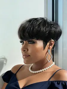 Pixie Cut wigs Human Hair Wig None Lace Wig with Bangs Natural Black Straight short Layered for daily use Easy Maintenance Wigs 1B