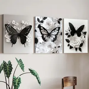 Butterfly & Flower Pattern Wall Art, 3 Counts Wooden Framed Canvas Painting, Modern Wall Poster for Home Living Room Bedroom Office Decor, Ornaments