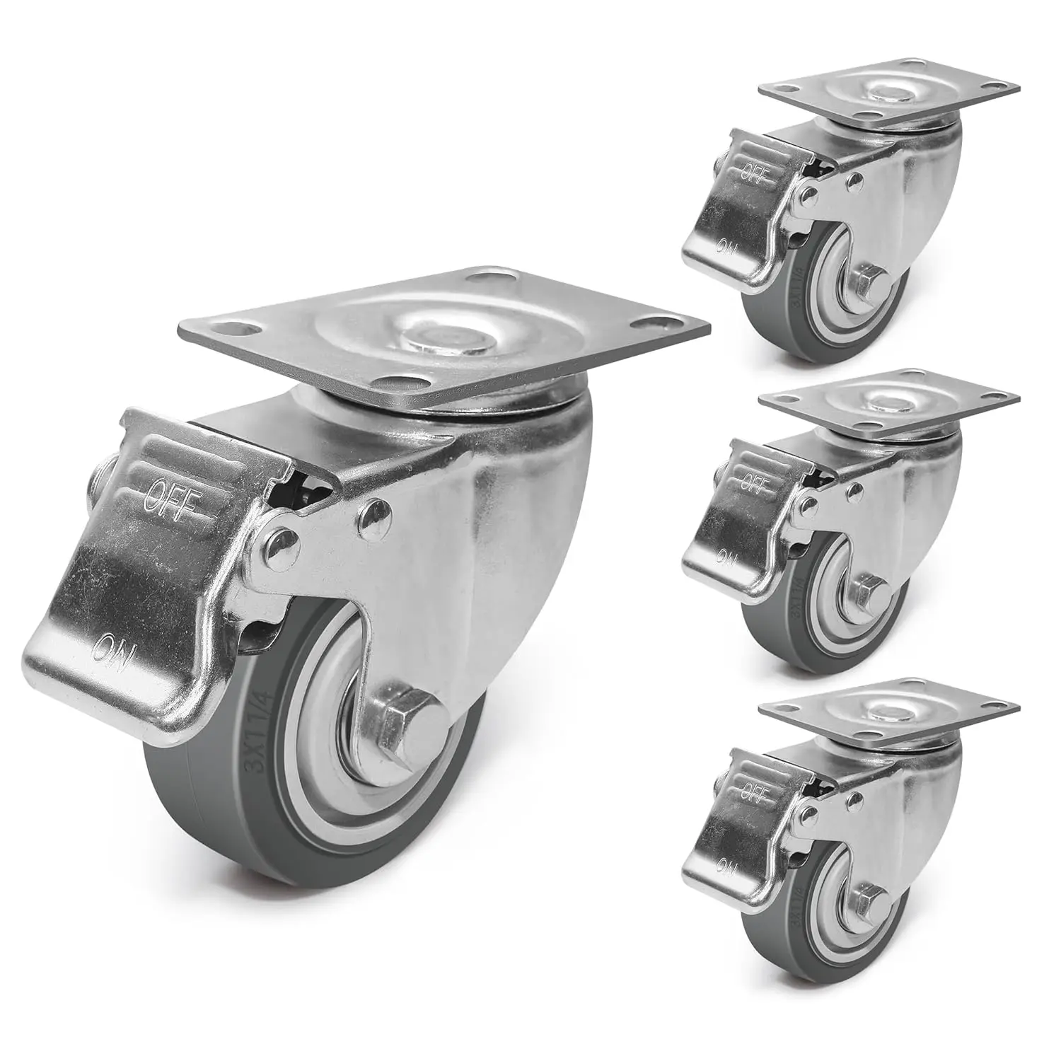 3 Inch Plastic-Synthetic Caster Wheels - Set of 4 Heavy Duty 1.25 Inch Width Silent Plate Casters, 1200 lbs Load Capacity for Cart, Furniture, Workbench (4 #01), 2 Swivel & 2 Rigid