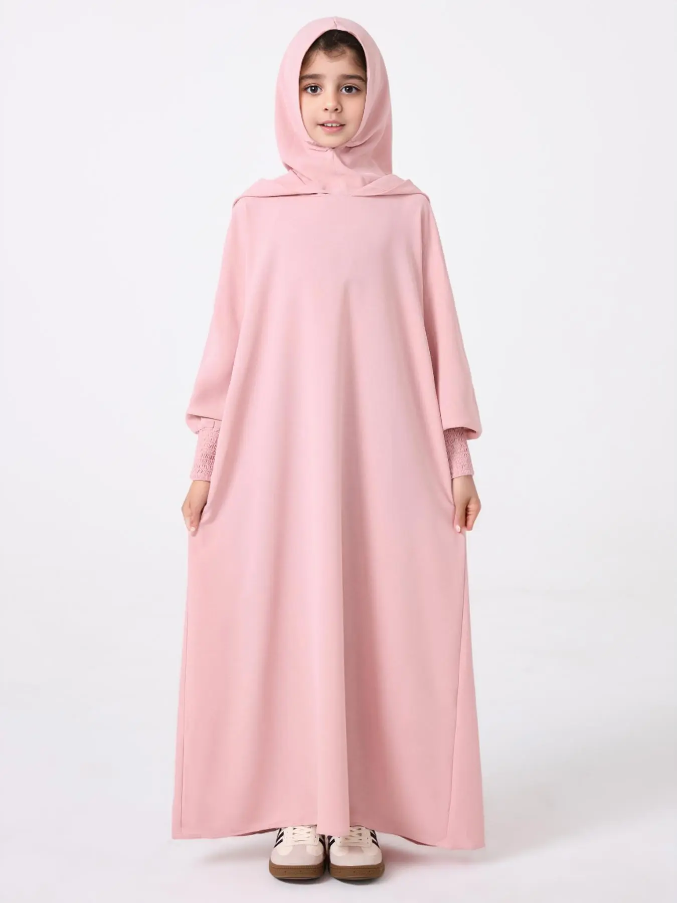 Girl's Solid Hooded Kaftan Dress, Modest Muslim Jilbab Long Sleeve Dress for Party Holiday, Kids Girls Clothing, Kids Clothes for All Seasons