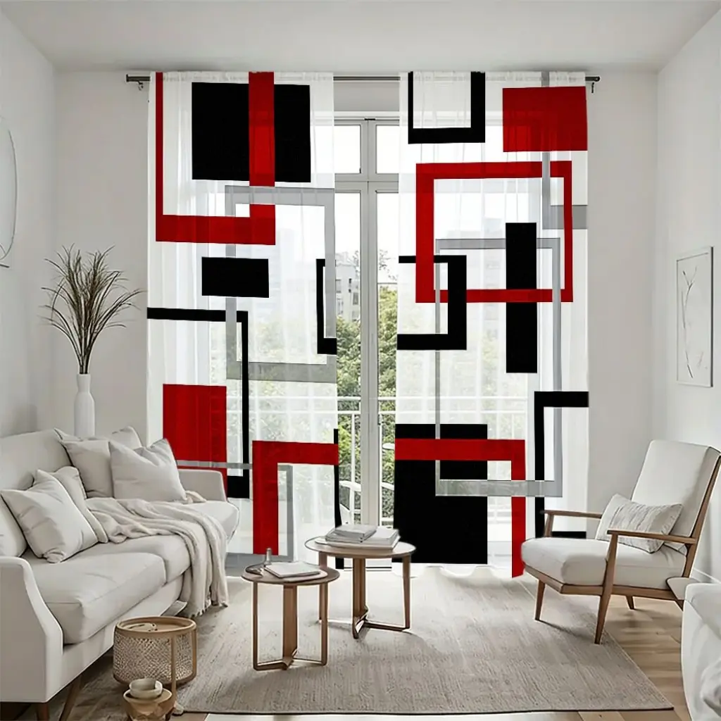 2Pcs geometric pattern semi sheer curtains, modern abstract design, black red grey squares and lines, easy to install rod pockets, light filtering window panels, decorative home accent, suitable for living room, bedroom, study, durable w